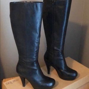 Black leather, tall boots, platform & 2 1/2” heel